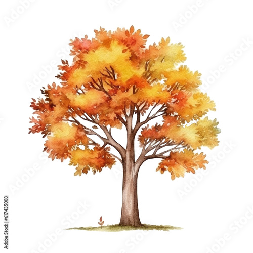 Watercolor Autumn Tree. Illustration Generative AI.