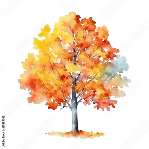 Watercolor Autumn Tree. Illustration Generative AI.