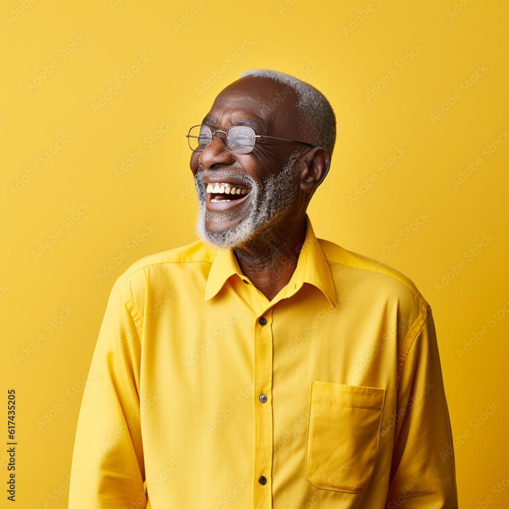 Black senior man smiling on a yellow background. Generative AI. Black senior man smiling on a yellow background. Generative AI.