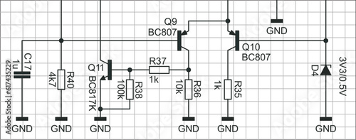 An analog circuit with
electronic components (capacitor, resistor,
diode, transistor) connected by conductors. Vector diagram of an electrical
schematic of an electronic device on a grid background.