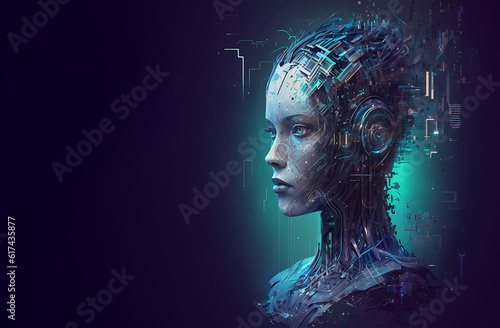 digital world. girl robot android on a dark background. Robot head. Banner. illustration. created by AI