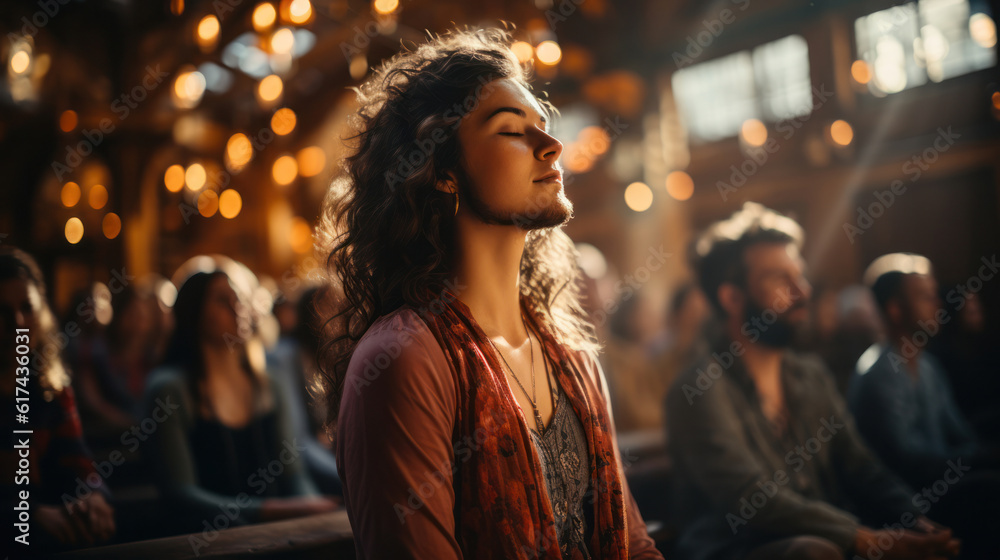 Group meditation in yoga studio, breath exercise, men and women meditating and breathing Group meditation in yoga studio, breath exercise, men and women meditating and breathing