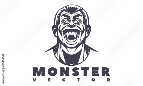 Vector simple black and white stencil or logo of a man with a scary fanged smile on a white isolated background. Terrible monster.