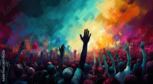 multi colored hands being raised up by a crowd Generative AI