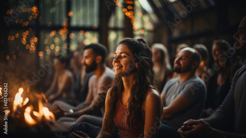 Group meditation in yoga studio, breath exercise, men and women meditating and breathing © Sasint