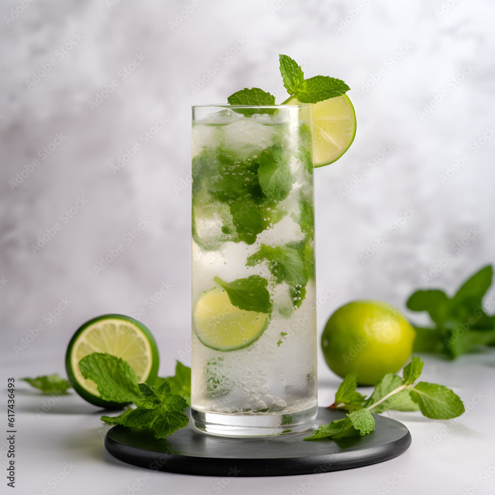 cool mojito in a traditional highball glass, with fresh mint leaves on a background of limes on a wooden board, Generative AI cool mojito in a traditional highball glass, with fresh mint leaves on a background of limes on a wooden board, Generative AI