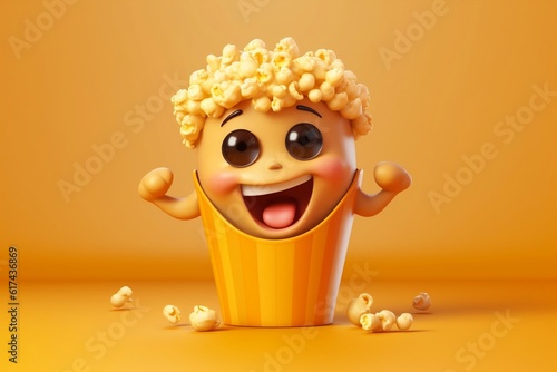 Irresistibly Cute Adorable Popcorn 3D Cartoon Character with a Smile. AI photo