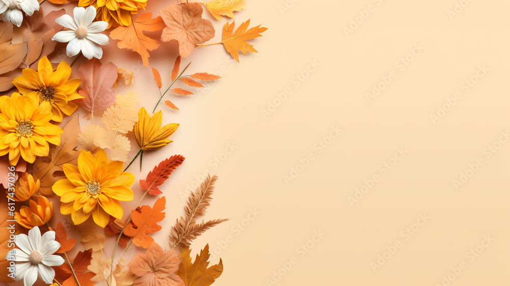 autumn composition of dry autumn leaves and flowers on a pastel background, top view, copyspace.ai generative