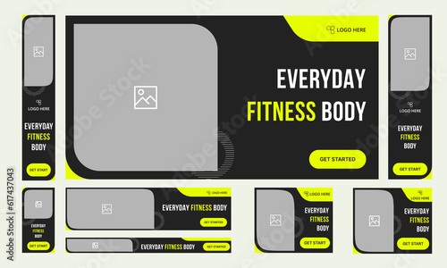 Minimallist fitness set of web banner template design for social media posts, abstract web cover, google ads bundle design template, fully editable vector eps file