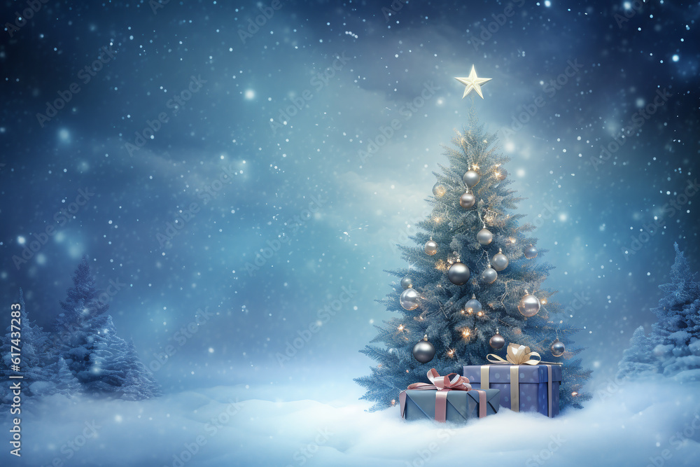 Christmas tree and gift boxes. festive christmas background. ai generative