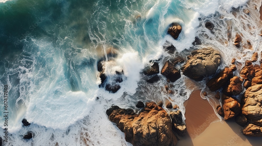 Waves crashing on rock cliff. Beautiful dark sea surface in sunny day summer background. Aerial view. Generative ai image.