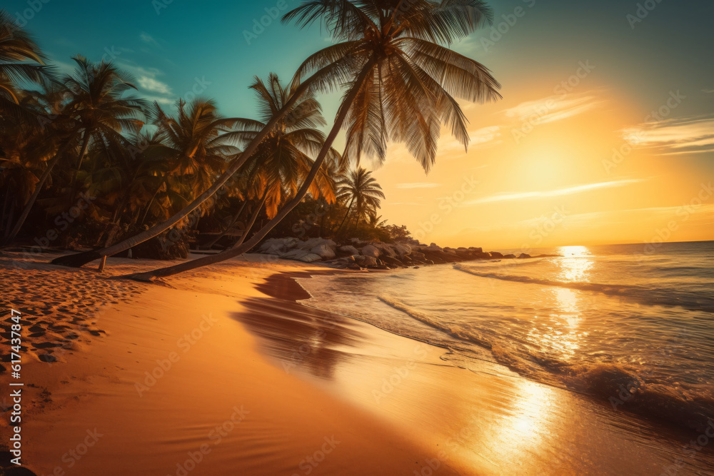Sunny exotic beach by the ocean with palm trees at sunset summer vacation by the sea photography
