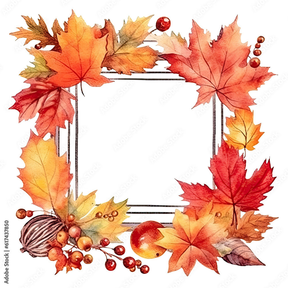 Fototapeta premium Watercolor Autumn Frame Background. Illustration AI Generative.