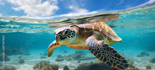 Animals reptilian of the ocean background - Closeup of sea turtle underwater photography portrait. water diving holiday coral reef swimming snorkeling  tourism  travel destination  Generative Ai 
