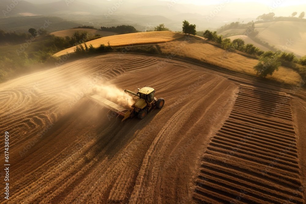 Fototapeta premium Combine harvester harvests ripe wheat. Modern agriculture. Generative ai image.