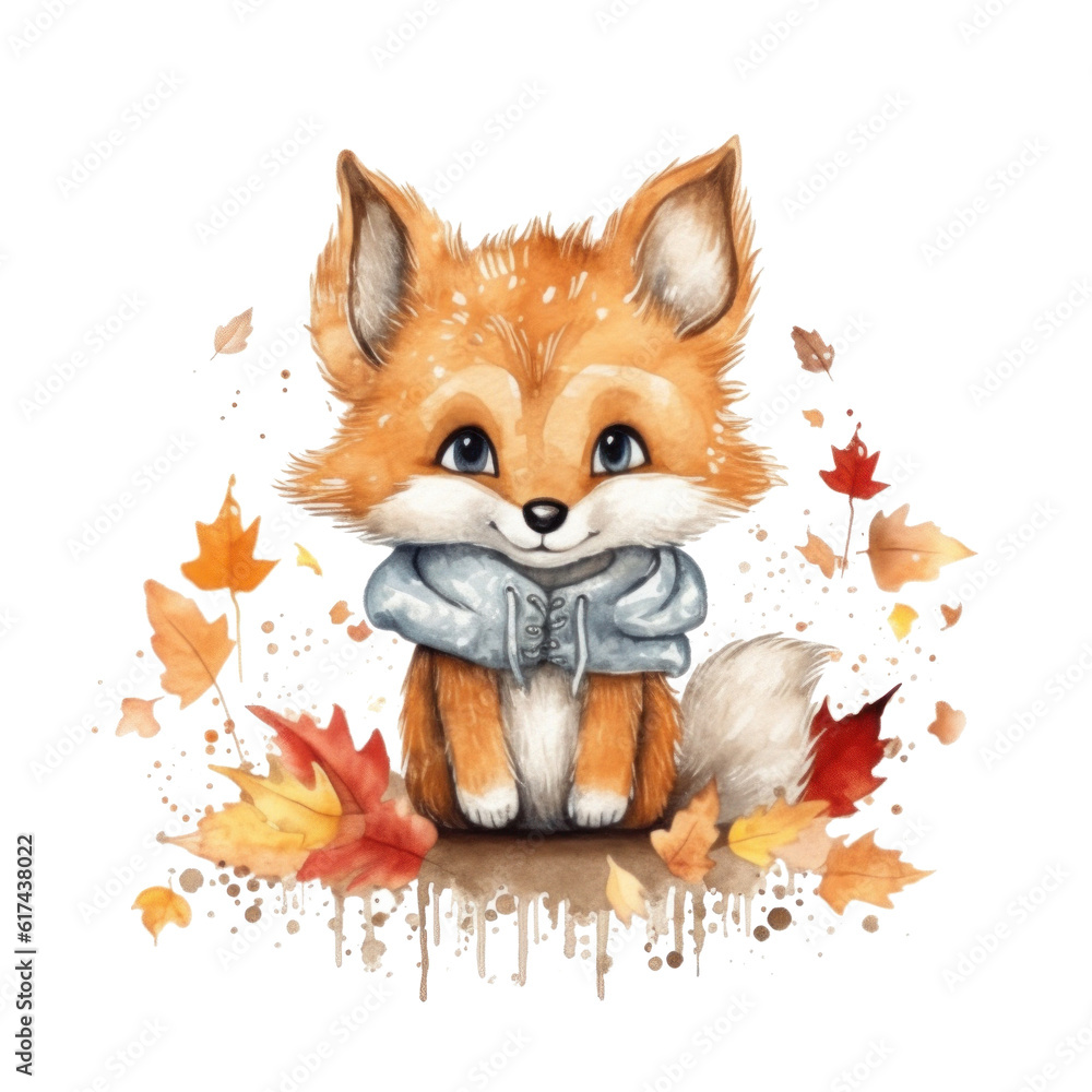 Cute watercolor baby autumn fox isolated. Illustration AI Generative. Cute watercolor baby autumn fox isolated. Illustration AI Generative.
