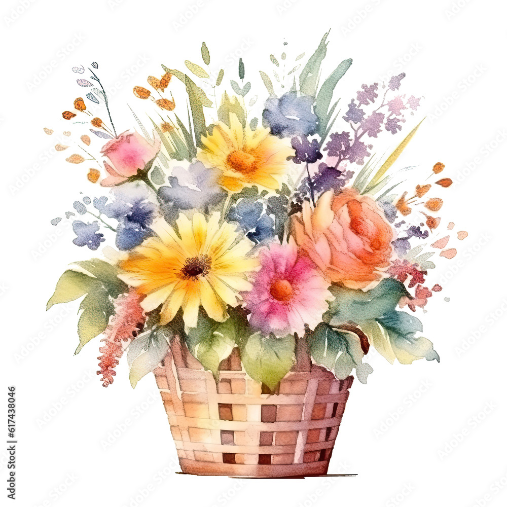Cute watercolor flowers in basket. Illustration AI Generative. Cute watercolor flowers in basket. Illustration AI Generative.