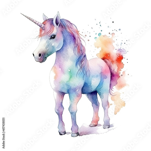 Cute watercolor unicorn. Illustration AI Generative.