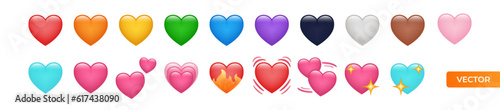 Heart Emojis set. Sparkling, growing, two Hearts, beating, revolving, broken, mending, heart exclamation, red, orange, yellow, green, blue, purple, brown, black. Iphone Whatsapp Heart Emojis