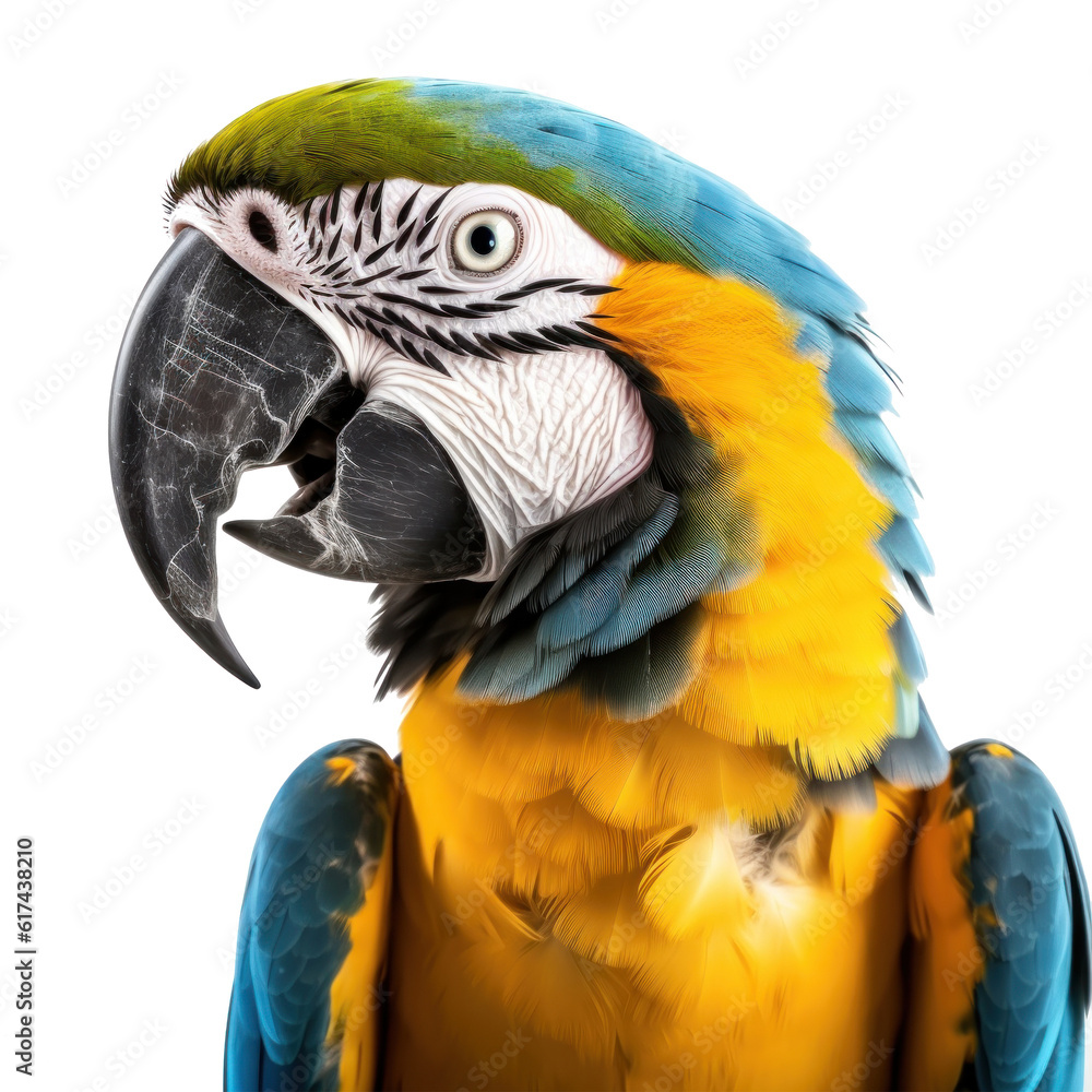 Blue and yellow macaw isolated. Illustration AI Generative