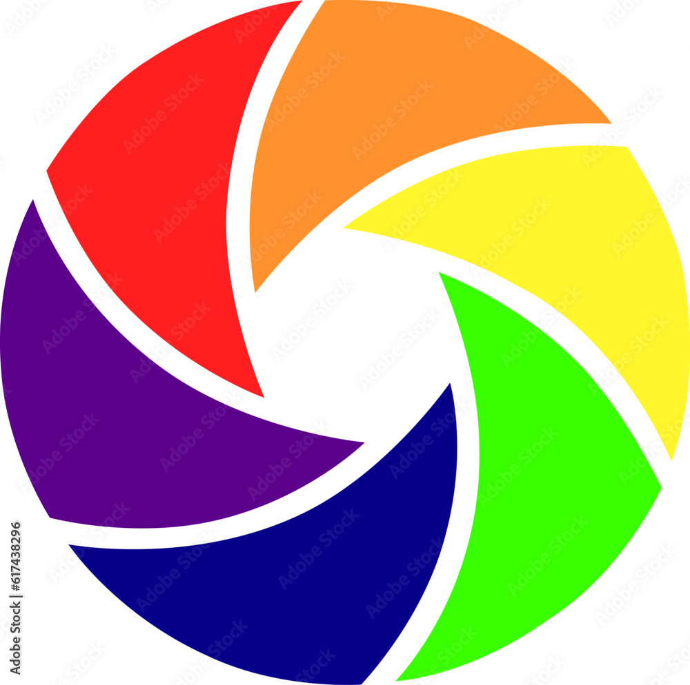 Vector image of a camera shutter in the colors of the LGBT flag isolated on a white background.