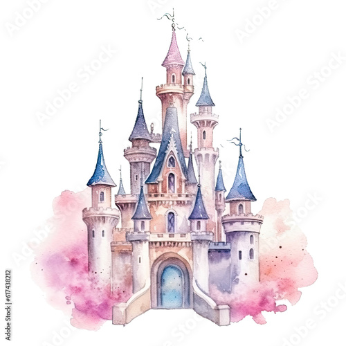 Cute watercolor princess castle. Illustration AI Generative.