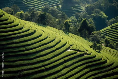 Tea plantations. Tea cultivation. Generative ai image.