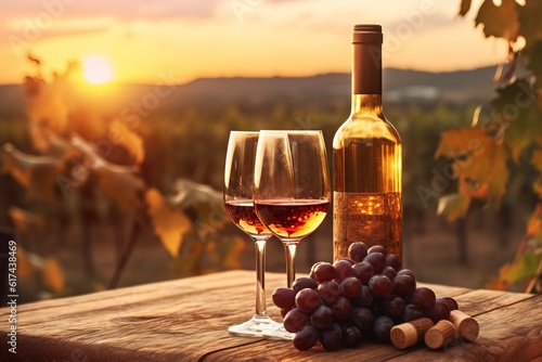 Wine bottle and two wine glass on wodden table on against the backdrop of a vineyard at sunset. Generative ai image.