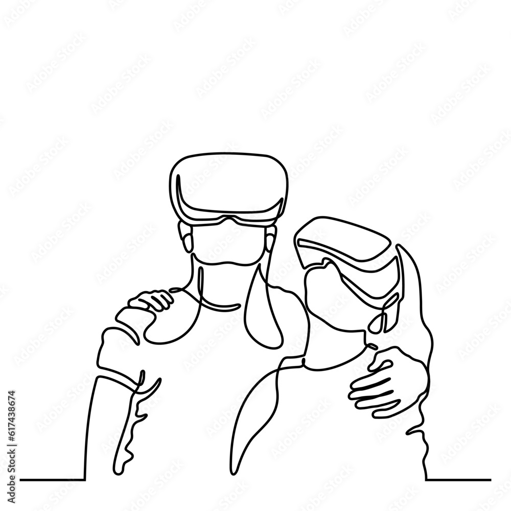 Two women embracing wearing virtual reality glasses device. Metaverse concept. Continuous line. Hand drawn. One line. line art. Logo design. Vector. illustration