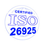 An illustration of ISO 26925 certification, like a stamp, in perspective. White background.