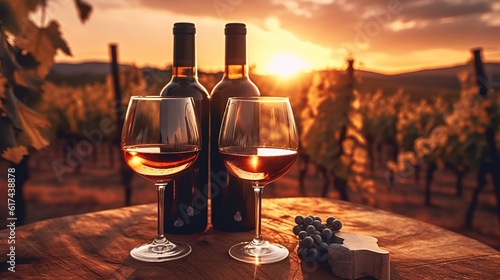 Two wine bottles and two wine glass on wodden table on against the backdrop of a vineyard at sunset. Generative ai image.