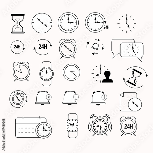 Time and Clock thin line icons. Time management, 24 hour clock, deadline alarm. Calendar, Clock, Time, Date, Timer, Sand hourglass, Digital smartwatch, Timer stopwatch vector sign collection. photo