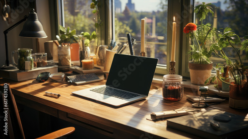 office interior with the laptop of the freelance content creator 