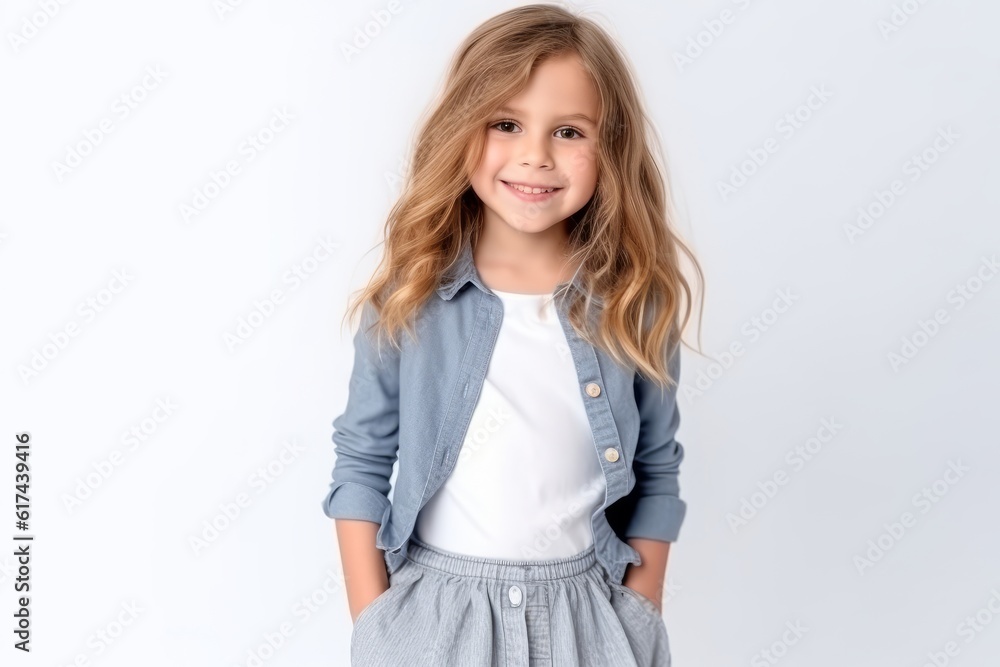 Portrait of a cute little girl with long blond hair on a white ...