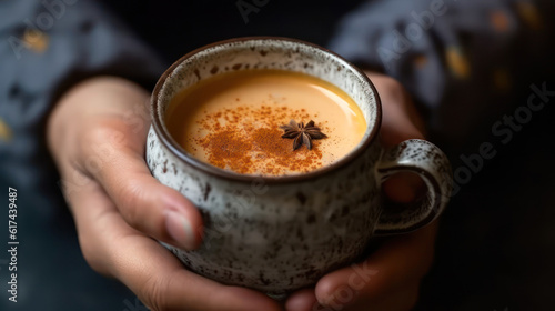 indian woman's hands holding a mug with traditional idian tha than masala close-up, created with AI tools photo