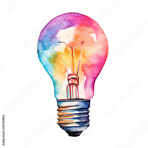 Watercolor Idea Light Bulb. Illustration AI Generative.
