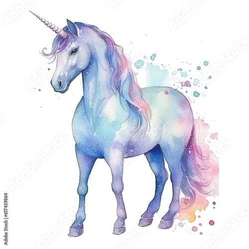Cute watercolor unicorn. Illustration AI Generative.