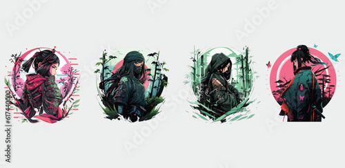 Set modern ninja girl, female ninja, ninja woman for t-shirt desaign photo