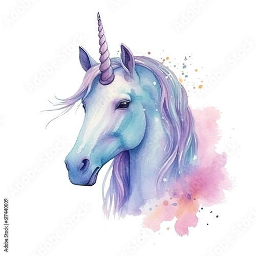 Cute watercolor unicorn. Illustration AI Generative.