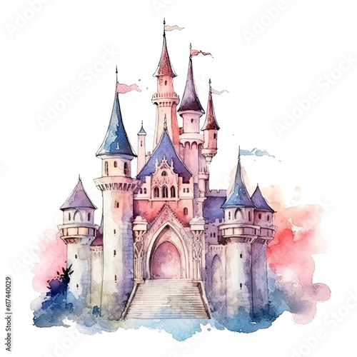 Cute watercolor princess castle. Illustration AI Generative.