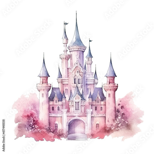 Cute watercolor princess castle. Illustration AI Generative.