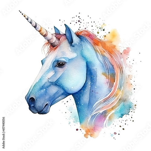 Cute watercolor unicorn. Illustration AI Generative.