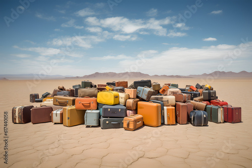 Huge pile of travel bags and suitcases in different shapes and colours in the middle of the sand desert. Surreal art. 