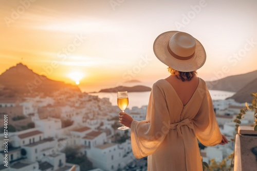 Idyllic Greek Island Getaway Woman in Hat Gazing at the Sea View. AI