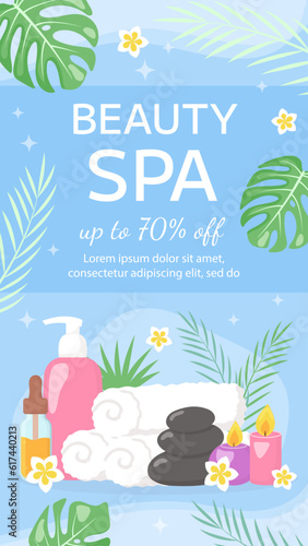 Vector beauty spa salon poster template. Towels, cosmetics products, black hot stones, tropical leaves, flowers on blue background. Beauty industry, massage service flyer, brochure, sale coupon