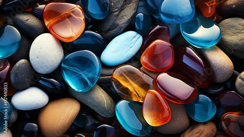 Sea glass in different colors distributed on the floor.