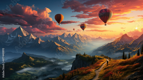 Landscape with hot air balloons flying over mountain valley in sunlight and mist
