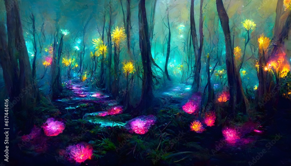 Brush strokes colorful bioluminescent plants in a fantasy forest crystal path epic landscape background surreal 