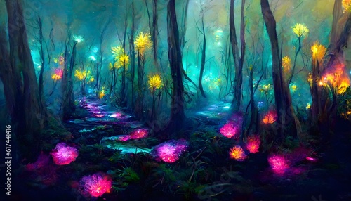 Brush strokes colorful bioluminescent plants in a fantasy forest crystal path epic landscape background surreal 