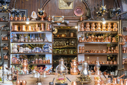 Turkish pots, tea, coffee kettles and souvenirs are made of copper. Turkish teapots in the Bakırcılar Bazaar in Gaziantep.